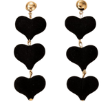 A Stunning Pair of Soft to the Touch Velvet Triple Heart Dangle Drop Earrings in RED or BLACK