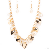 "True Love's Trove" Gold Metal, White & Clear Crystal and Heart Charm Necklace Set