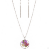 "Evergreen Eden" Silver Metal & Real Multi Flower in Acrylic Pendant Necklace Set