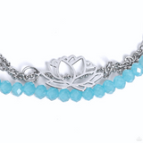 "A Lotus Like This" Silver Metal, Lotus Flower & Blue Crystal Multi Strand Bracelet