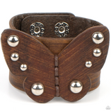 "Butterfly Farm" Genuine Brown Leather & Studded 2D Butterfly Snap Band Bracelet