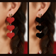 A Stunning Pair of Soft to the Touch Velvet Triple Heart Dangle Drop Earrings in RED or BLACK