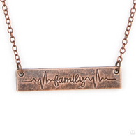 "Living the Mom Life" Copper Metal & "Family" with Heartbeat Bar Necklace Set