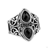 "Rural Revel" Silver Metal Double Teardrop Black Rhinestone Elastic Back Ring