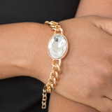 "Luxury Lush" Gold Chain & Oval White/Clear Clasp Bracelet