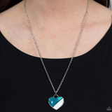 "Nautical Romance" Silver Metal, Blue & White Shell-like Color Block Stone Heart Necklace Set