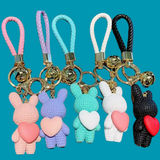 ADORABLE TEXTURED POLYRESIN RABBIT HOLDING HEART CHARACTER KEYCHAINS