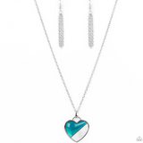 "Nautical Romance" Silver Metal, Blue & White Shell-like Color Block Stone Heart Necklace Set