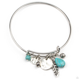 "Root and Ranch" Silver Metal & Blue Turquoise and Feather Charm Tension Bracelet