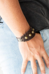 "Urban Cowboy" Men's Brown Laced LEATHER & Brass Stud Snap Bracelet