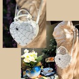 WHITE with Black Stitched Detailing Heart Shaped Spider & Spider Web Handbag/Crossbody Bag