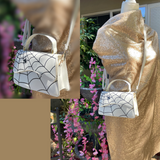 WHITE with Black Spider & Spider Web Flap Closure Rectangular Handbag/Crossbody Bag