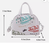 WHITE VON DUTCH STYLE BOWLING/BOSTON HANDBAG WITH ADJUSTABLE STRAP