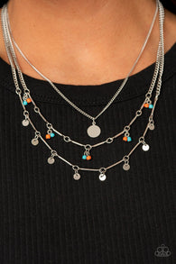 "Wandering Wonder" Silver Metal Orange/Blue Beaded Layered Necklace Set