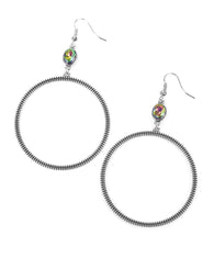 " Work That Circuit " Silver Multi Color Oil Spill Rhinestone Drop Hoop Earrings