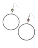 " Work That Circuit " Silver Multi Color Oil Spill Rhinestone Drop Hoop Earrings