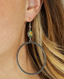 " Work That Circuit " Silver Multi Color Oil Spill Rhinestone Drop Hoop Earrings