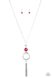 "Bold Balancing Act" Silver Pearly Red Bead Circle Tassel Necklace Set