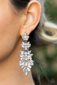 Paparazzi " Frozen Fairytale " Silver Metal & White/Clear Rhinestone Hinged Bling Earrings