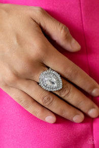 Paparazzi "Icy Indulgence" Silver Metal & White Tear Drop Rhinestone Double Halo Elastic Ring