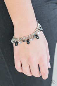 Paparazzi " Catwalk Crawl " Silver Metal Black & Smoky Beads Clasp Bracelet