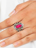 Paparazzi " Roaming Rogue " Silver Metal & Pink Marquise Stone Elastic Back Ring