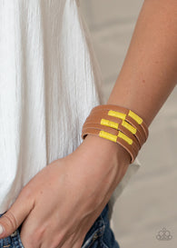 Paparazzi " Country Colors " Brown LEATHER & Encased Yellow Cord Snap Bracelet