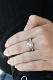 Paparazzi " Countess Charm " Silver Clear Rhinestone Square Dainty Halo Elastic Back Ring