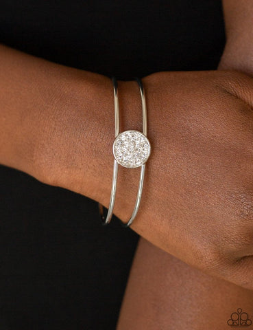 "Dial Up The Dazzle" Silver Metal Round White Rhinestone Encrusted Cuff Bracelet