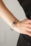 "Dial Up The Dazzle" Silver Metal Round Black Rhinestone Encrusted Cuff Bracelet