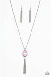 "Elite Shine" Silver Metal  Teardrop Pink Faceted Rhinestone Tassel Necklace Set