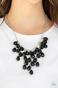 Paparazzi " Serenely Scattered "  Silver Metal & Black Faceted Beaded Cascade Necklace Set