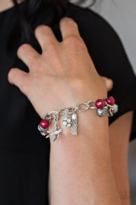 "Lady Love Dove" Silver Metal With Red Pearls & Charms Bracelet