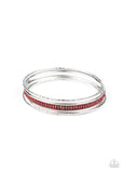 " Heap It Up " Silver Metal & Red Rhinestone Bangle Bracelet Set of 5