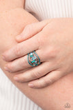 Paparazzi " Treasure Chest Charm " Silver Metal Shades of Blue Elastic Back Ring