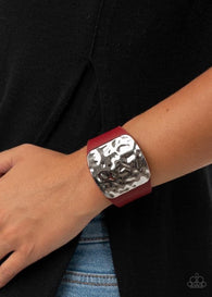 "Brighten Up" Red LEATHER & Hammer Silver Snap Band Bracelet