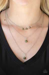 "High Heels and Hustle" Silver Chain Green Pearly Beads Multi Layer Necklace Set