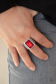 " Winning Attitude " Silver Metal Red Rhinestone Men's Elastic Back Ring