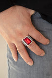 " Winning Attitude " Silver Metal Red Rhinestone Men's Elastic Back Ring