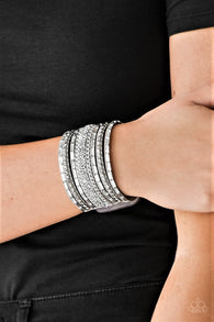 "Rhinestone Rumble" Gray Clear & Hematite LEATHER Snap Band Bracelet