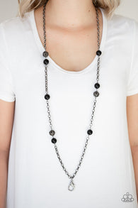 "Fashion Fad" Black Beads & Gunmetal Accents Lanyard Necklace Set