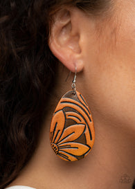 "Garden Therapy" Brown Flower Embossed Leather Teardrop Earrings