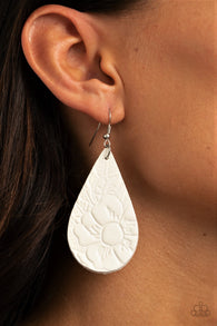 "Beach Garden" White Flower Embossed Leather Teardrop Earrings