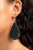 "Everyone Remain Palm" Black Leaf Embossed Leather Teardrop Earrings