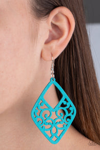 "Vine for the Taking" Blue Kite Shaped Filigree Wood Earrings