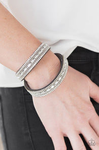 Paparazzi " Shimmer and Sass " Gray LEATHER & Clear Rhinestone Snap Wrap Bracelet