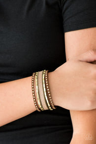 Paparazzi " Seize the Sass " Brown LEATHER & Brass Studs and Chains Snap Bracelet