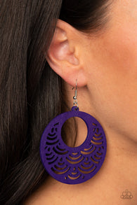 Paparazzi " Sea Le Vie " Purple Round Scalloped Lazer Cutout Wood Earrings