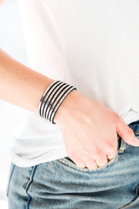 "Disco Dazzle" Black LEATHER Encrusted Silver Cubed Snap Band Bracelet