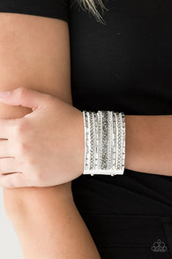 " Rhinestone Rumble" White Leather Smoky & Hematite Snap Band Bracelet